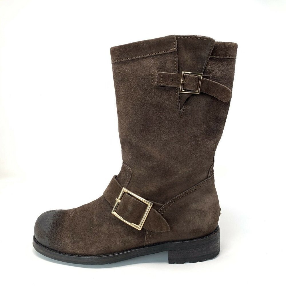 JIMMY CHOO 6 Suede Biker Boots Brown Distressed